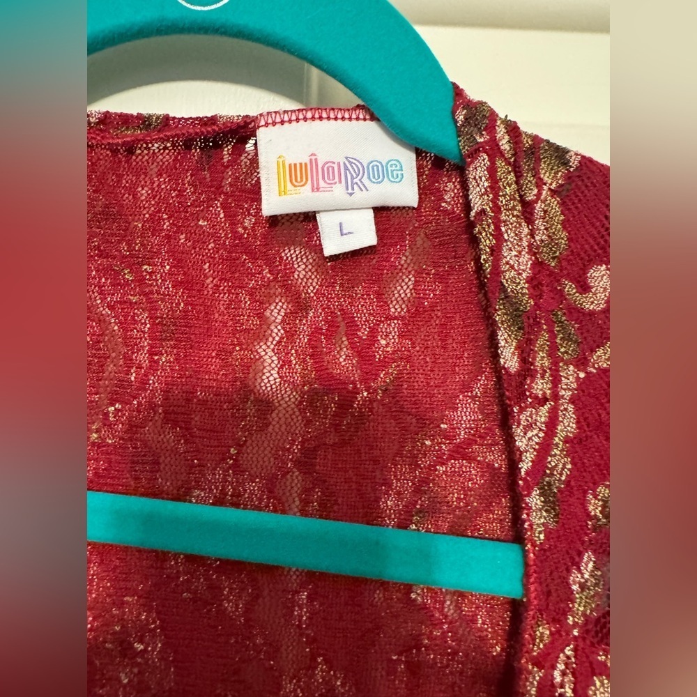 LuLaRoe Shirley Kimono Red Raspberry/Gold Lace Knit Open Front  Sweater Size Lar - Picture 5 of 11